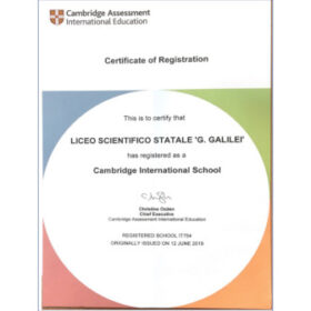 Certificato di registrazione del Galilei come Cambridge International School